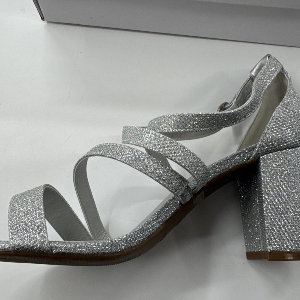 Dream Pairs Chunk Heel Shoes Womens 7 Silver Glitter Pumps Open Toe Party NEW - Picture 2 of 10
